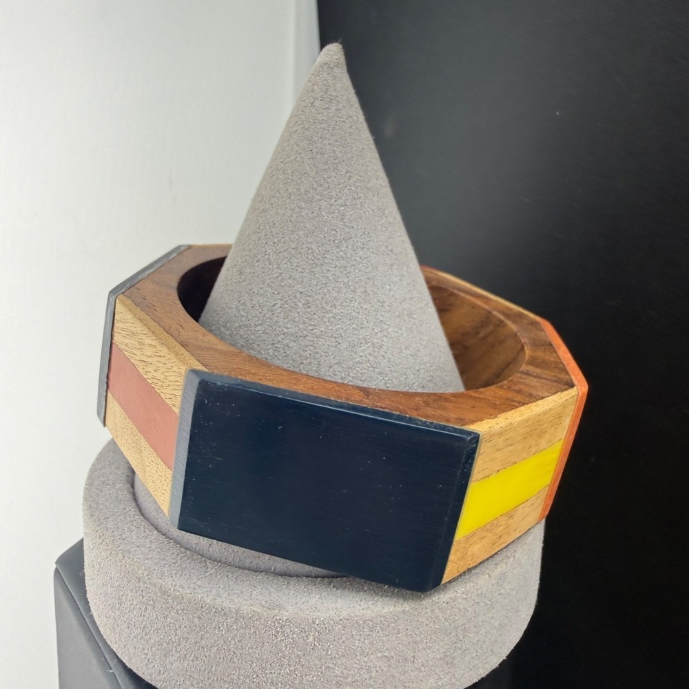 Vintage Bangle Bracelet Wood‎ Acrylic Inlay Yellow Orange Blue 8.5"